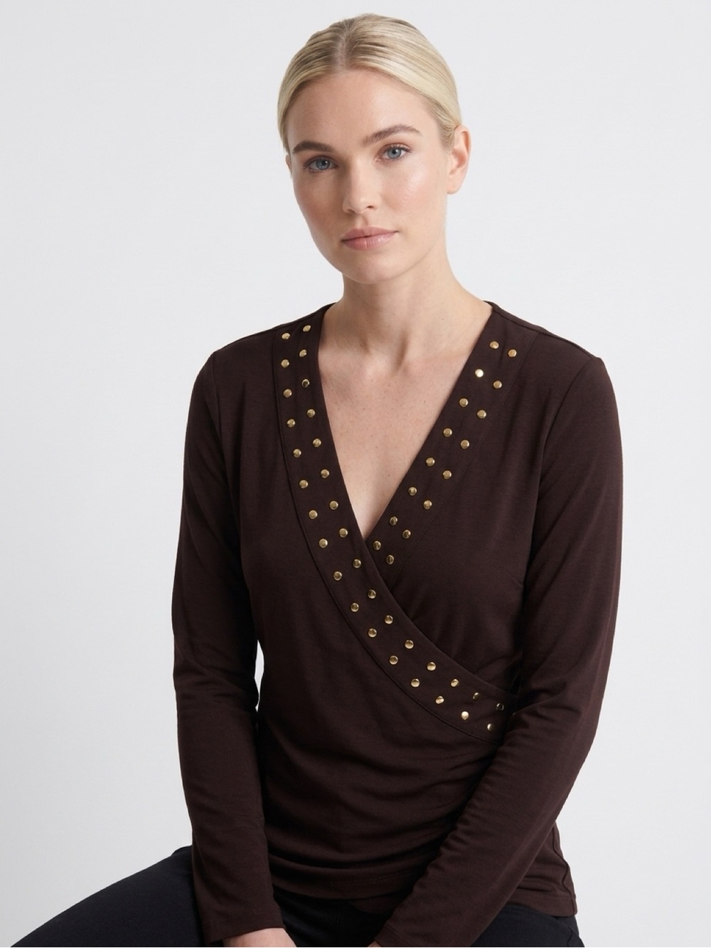 Michael Kors Dark Brown Long Sleeve V-Neck Top with Gold Studs. NWT